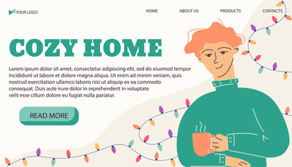 Vector illustration banner template cozy home, man with mug in a flat style. Vector illustration