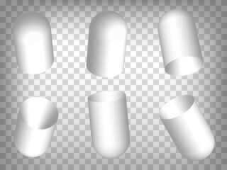 Set of perspective projections 3d capsule model icons on transparent background.  3d open capsules.  Abstract concept of graphic elements for your web site design, app, UI. EPS 10
