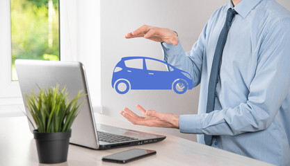 Digital composite of Man holding car icon.Car automobile insurance and car services concept....