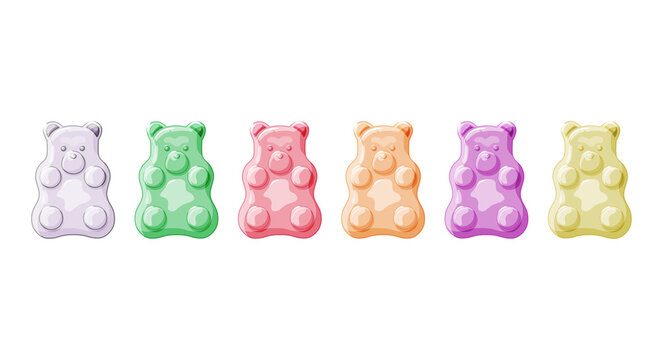 Multi-colored Gummies.Various jelly bears set on a white isolated background. Sweet candies. Cartoon vector illustration of vitamins.