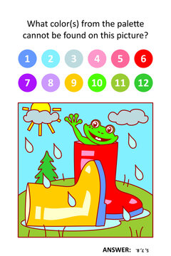 Visual puzzle with picture palette. Gumboots, frog, rain, puddle.
