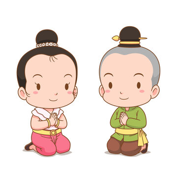 Cartoon character of  Thai boy and girl in traditional costume, putting hands together for Sawasdee.