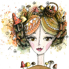 Portrait of Fairy of mushrooms or forest with basket, flowers and leaves. Hand drawn Watercolor illustration..