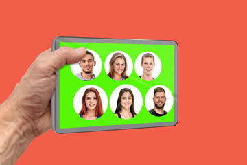 Man using app for video online communication to talk with colleagues