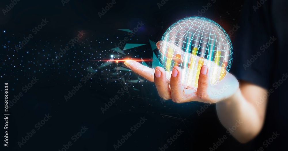 Poster businessman working on holographic interface - hand holding global a visual graph with holographic c