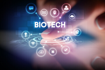 Finger touching tablet with web technology icons concept