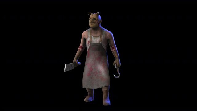 Seamless animation of psycho butcher attacking isolated with alpha channel. Scary Halloween background of a serial killer with pig mask