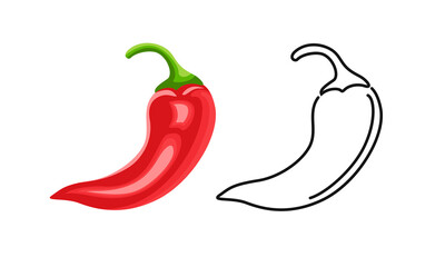 Red chili pepper color cartoon illustration and outline. Vector spicy spices icon.