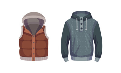 Casual outfit for men set. Stylish fashionable puffer vest and hoodie vector illustration © Happypictures