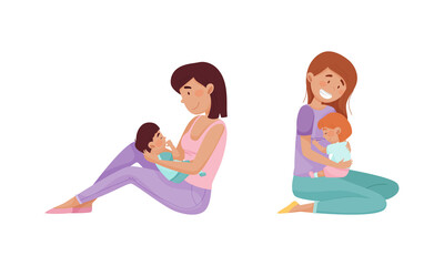 Obraz na płótnie Canvas Mom hugging toddler baby set. Happy mothers sitting on floor with their little son and daughter cartoon vector illustration