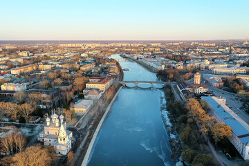 Fototapeta premium spring top view of vologda landscape, church and cathedral, view in russia orthodoxy architecture