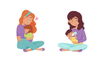 Mom hugging toddler baby set. Happy mothers sitting on floor and feeding their little kids cartoon vector illustration