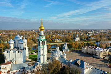 Fototapeta na wymiar autumn vologda kremlin, drone top view, russia religion christian church
