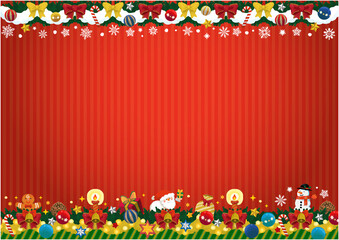 手描きっぽいかわいいクリスマスのフレーム（リボンと雪）（赤）