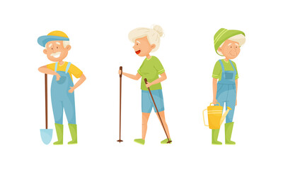 Set of elderly people enjoying various hobbies. Senior men and women gardening, doing nordic walking vector illustration