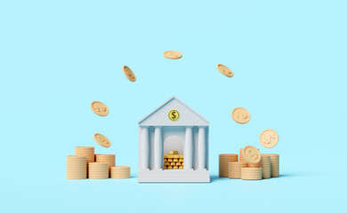 bank or tax office building with gold bar,coin isolated on blue background.saving money concept,3d illustration,3d render