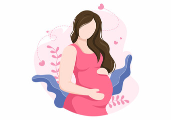 Pregnant Lady with Hugs her Belly or Mother Waiting for the Baby in Flat Cartoon Design Style Background of Leaves Vector Illustration