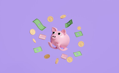 pink piggy bank with credit card,coin,banknote isolated on purple background.saving money concept,3d illustration,3d render