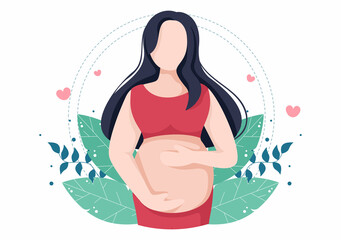 Pregnant Lady with Hugs her Belly or Mother Waiting for the Baby in Flat Cartoon Design Style Background of Leaves Vector Illustration