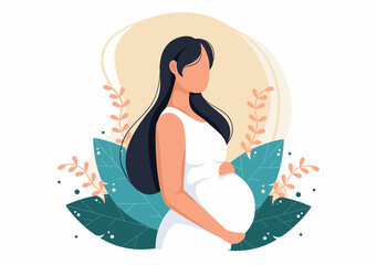 Obraz premium Pregnant Lady with Hugs her Belly or Mother Waiting for the Baby in Flat Cartoon Design Style Background of Leaves Vector Illustration