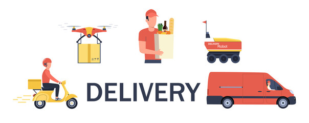 Delivery service concept with different vehicles, people and drones. Vector illustration.