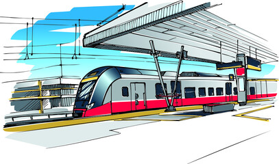 Saburban express train - hand drawn sketch © Marina