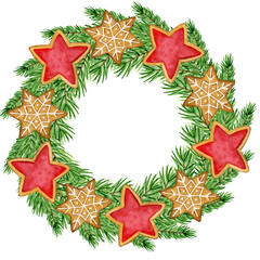 Rustic Christmas watercolor wreath. Hand drawn farmhouse door hanger illustration. Isolated clipart element on white background