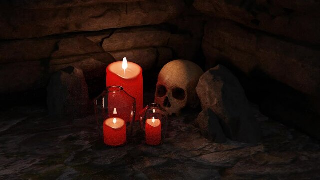 Abstract Halloween background composition with a skull and candles. Design. Cartoon creepy human skull and burning candles, concept of black magic and mysticism.