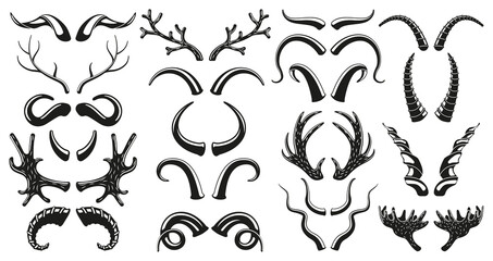 Hunting wild animals, deer, goat horns antlers silhouettes. Moose, deer, ram, goat, bison horns black silhouette vector illustration set. Trophy hoofed animals horns