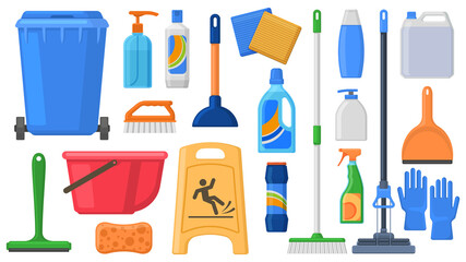 Cleaning supplies, tools, household chemicals and cleaning solutions. Household detergents, trash can, mop, gloves and bucket vector Illustration set. House cleaning supplies