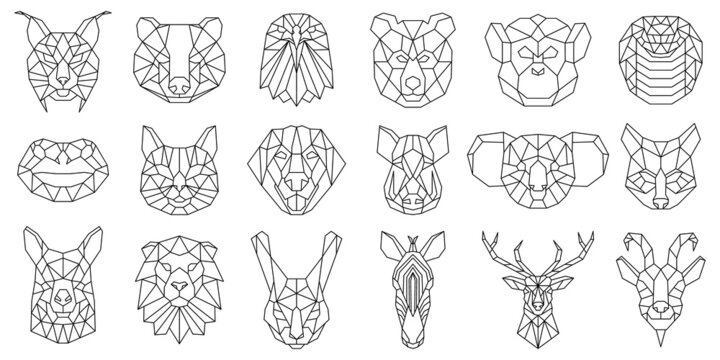 Linear polygonal animal bear, snake, dog geometric heads. Low poly animals faces, boar, llama, lynx and koala vector illustration set. Polygonal animal portraits