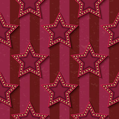 Circus carnival retro vintage glowing neon stars seamless pattern. Circus style show textured old fashioned retro graphic template. Vector background tile. For parties, birthdays, decorative elements.