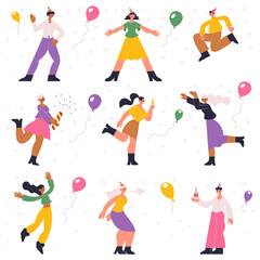 Birthday party preparation, celebration, dancing, happy characters. People having fun, celebrating with confetti and balloons vector illustration set. Fun festive people