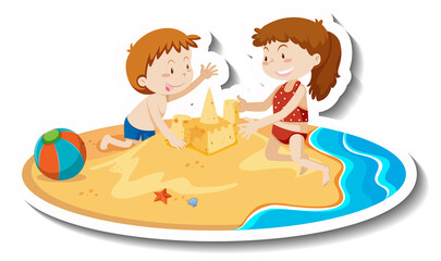 Two kids building sand castle at the beach