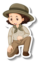A sticker template with a girl in safari outfit cartoon character