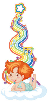 Cupid boy with melody symbols on rainbow wave