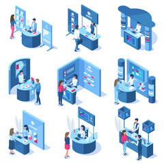 Isometric 3d exhibition demonstration promo stands workers and visitors. Promotional stands, trade panels vector illustration set. Expo center demonstration stands