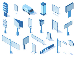 Isometric outdoor street advertising media billboards and banners. Advertising billboards, signage constructions, city boards vector illustration set. Outdoor advertising