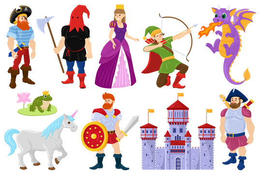 Cartoon fairy tale dragon, pirate, princess fantasy characters. Fairy tale fantasy unicorn, medieval castle, dragon vector illustration set. Magical world fairy tale heroes