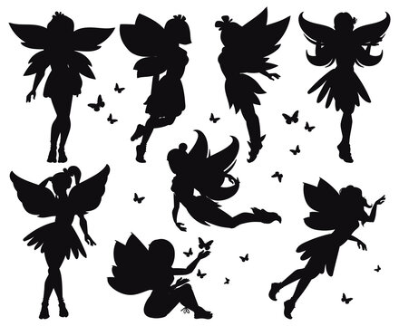 Cartoon magic fairy tale little fairies silhouettes. Magical little fairies girls flying with butterflies vector illustration set. Cute fantasy pixie creatures