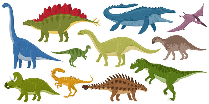 Cartoon dinosaurs, ankylosaurus, brontosaurus, stegosaurus extinct raptors. Pterodactyl and tyrannosaurus jurassic reptiles vector illustration set. Jurassic extinct monsters