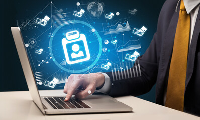 Business hand working on laptop, successful business concept