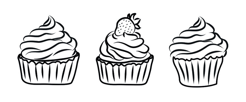 A set of black and white cupcakes, cakes. Three cupcakes with cream, round shape. A clear outline, an image for decoration, coloring books. Vector illustration.