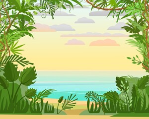 Pleasant tropical beach with palm trees. Sand and sea horizon. Cartoon flat style. Beautiful summer landscape. Vector.