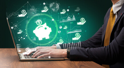 Business hand working on laptop, successful business concept