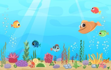 Bottom of reservoir with funny fish. Blue water. Sea ocean. Underwater landscape with animals. plants, algae and corals. Illustration in cartoon style. Flat design. Vector art