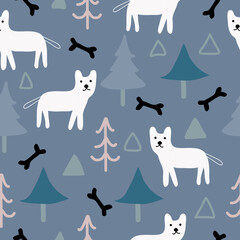 Seamless Christmas pattern with dog, bone, Christmas tree and triangle abstract on blue background. Perfect for baby clothes. Modern children's wallpapers and cartoon prints.