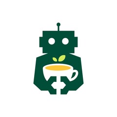 robot tea leaf cup drink cyborg automatic negative space logo vector icon illustration