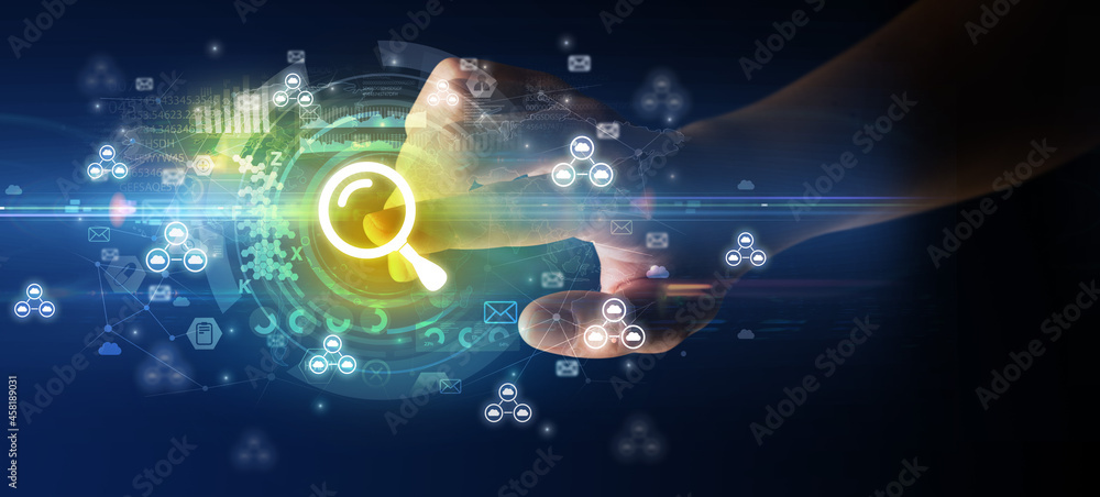 Poster touching with soft gesture multimedia screen with future technology concept
