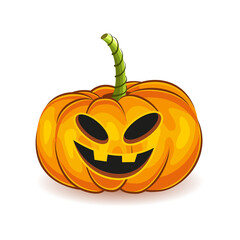 The main symbol of the Happy Halloween holiday. Orange unusual funny pumpkin with smile and eyes for your design for the holiday Halloween on white background. Vector illustration.